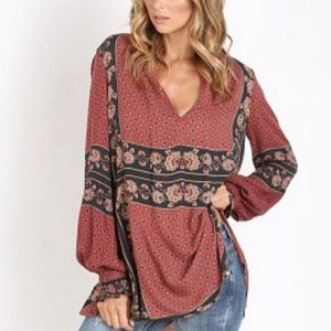 Free People Tunic Top Womens Size M Long Sleeve Flowy Patterned Bohemian Floral